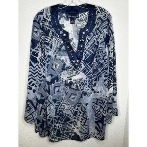 Susan Graver Style Shirt Womens 1X Blue Embellished V-Neck Abstract Print Tunic